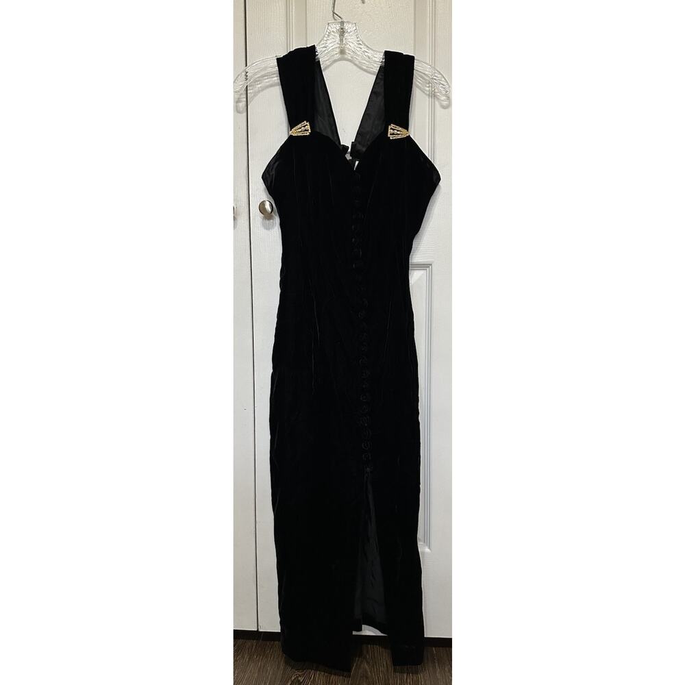 Vtg 90s Alchemy by Joo Mee NY Black Velvet Maxi Dress Gold Buckle Goth Vamp 7/8